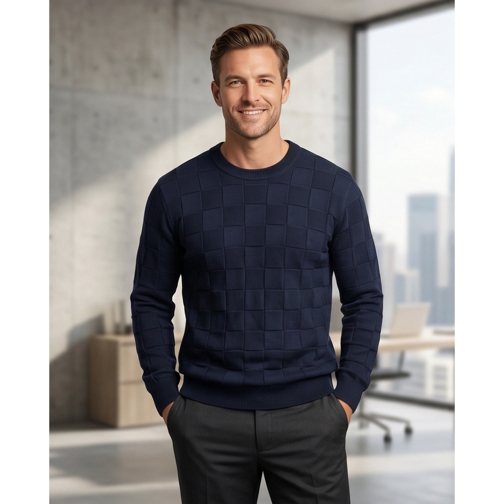 Tulliano Mens XXL Black Silk Cotton Checkerboard Textured Crew‎ Neck Sweater
